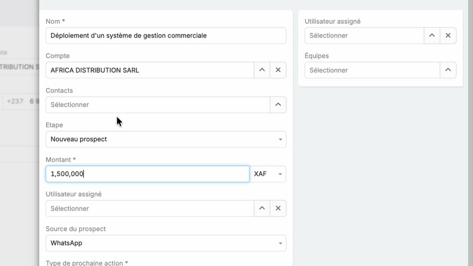 Contexte complet d'une opportunité dans Lumora CRM