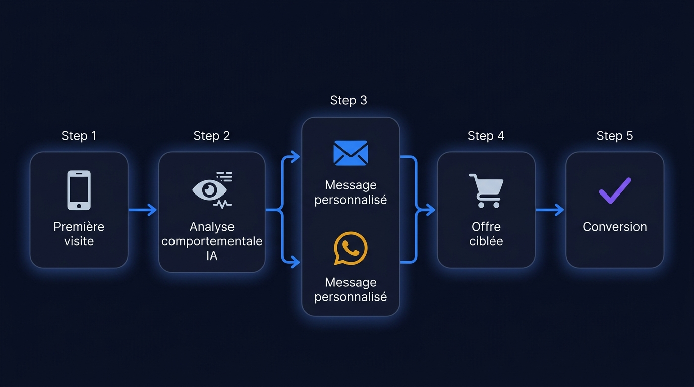 Schéma d'un workflow IA B2C : de la première visite à la conversion via email et WhatsApp personnalisés