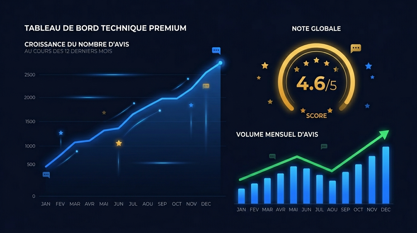 Tableau de bord analytique montrant l'évolution des avis Google dans le temps avec courbe de progression