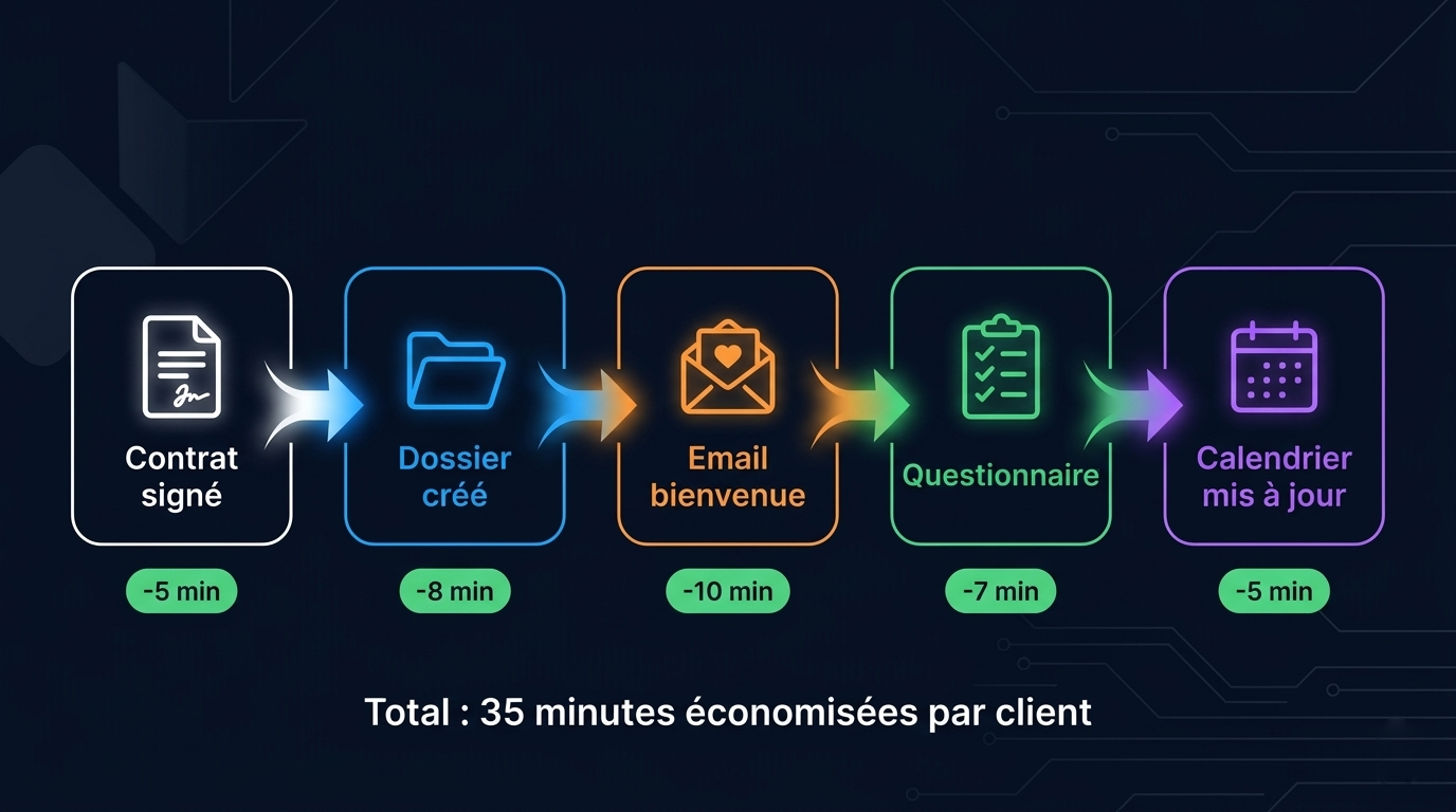 De la signature du contrat au dossier client complet — en moins de 10 minutes, automatiquement.