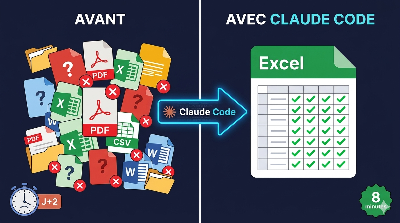 Transformation Before/After : chaos de fichiers Excel transformé en tableau de synthèse propre grâce à Claude Code