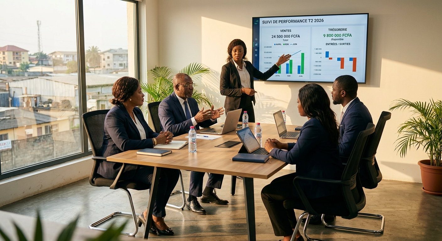 Réunion de direction dans une PME africaine analysant des indicateurs de ventes et de trésorerie