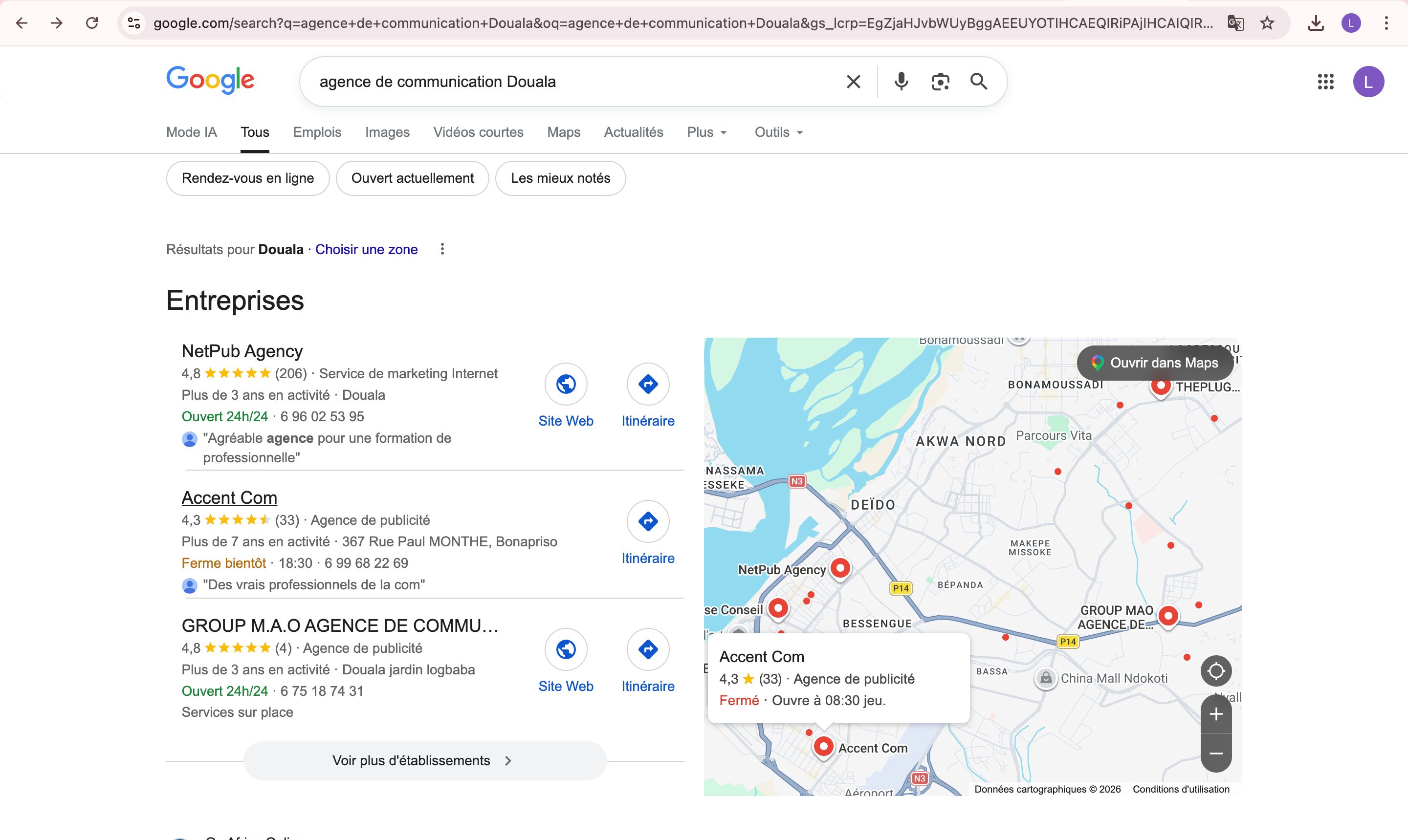 Pack local Google Maps pour une recherche à Douala Cameroun